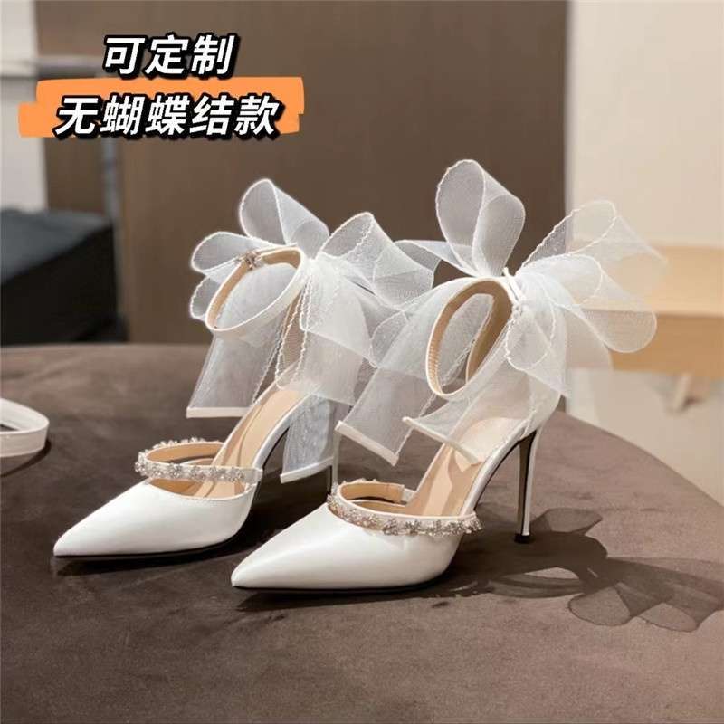 Rhinestone Bow High-Heeled Sandals 2025 Summer White Wedding Shoes Pointed Toe Socialite Stiletto Buckle Shoes Black - Image 4